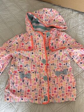 Matilda Jane Peach Floral Hooded Raincoat with Teal Buttons